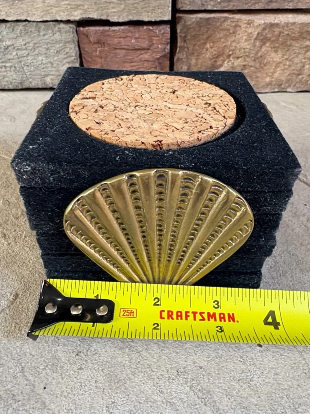 Vintage brass shell coaster holder with coasters
